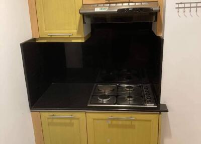 Compact kitchen area with wooden cabinets and black countertop