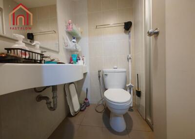 Bathroom with sink, toilet, and shower area