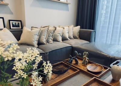 Modern living room with gray sofa and decorative items