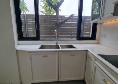 Modern kitchen with large window and double sink