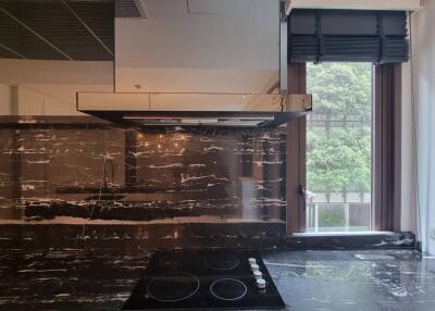 Modern kitchen with black marble backsplash and window