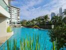 Swimming pool with surrounding buildings