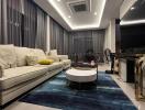 Modern living room with large sofa and decorative lighting