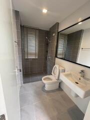 Modern bathroom with walk-in shower and large mirror