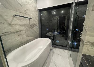 Modern bathroom with bathtub and large window