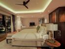 Spacious bedroom with modern design and ambient lighting