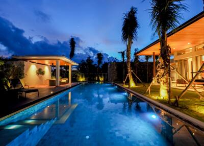 Luxury poolside view at dusk