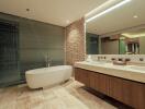 Modern bathroom with bathtub and double sink