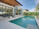 Modern outdoor area with pool and seating