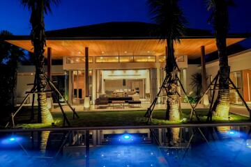 Exterior view of a modern house with a swimming pool at night