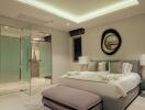 Modern bedroom with glass shower enclosure and ceiling lighting