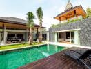 Outdoor view of a modern villa with a pool and lounge area