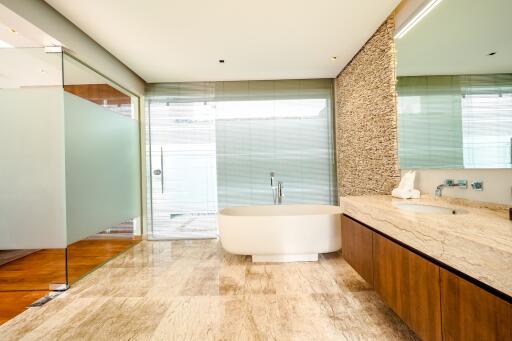 Modern bathroom with glass-enclosed shower, bathtub, and large mirror