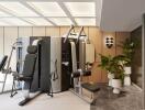 Modern in-house gym with exercise equipment and plants