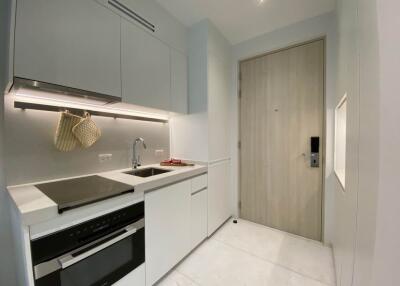 Modern compact kitchen with integrated appliances and light wood accents