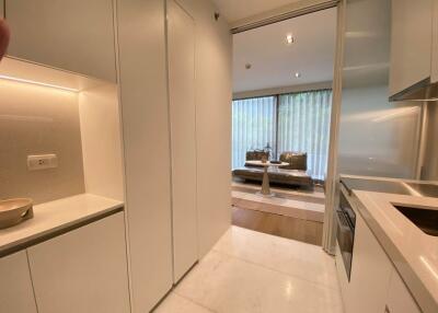 Modern kitchen and view into living room