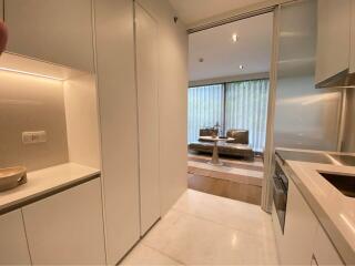 Modern kitchen and view into living room