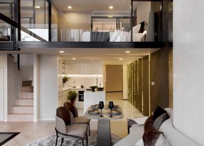 Modern living room with loft bedroom