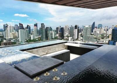 A stunning rooftop pool with a view of a modern city skyline