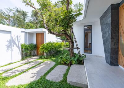 Modern house exterior with garden and pathway