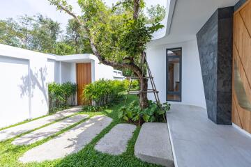 Modern house exterior with garden and pathway