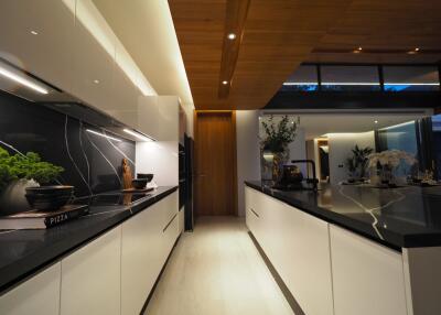 Modern kitchen with sleek white cabinets, black countertops, and integrated lighting