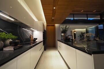 Modern kitchen with sleek white cabinets, black countertops, and integrated lighting