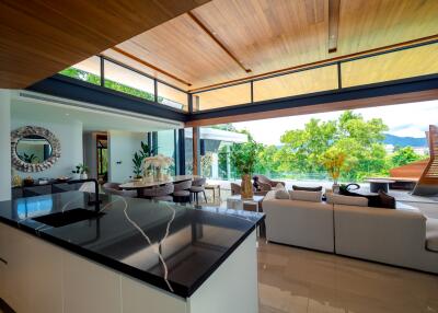 Modern open plan living room and kitchen with large windows, stylish furniture, and scenic view.