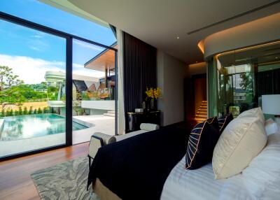 Modern bedroom with pool view