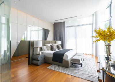 Modern bedroom with contemporary design and large windows