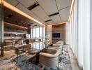 Luxurious modern dining room with a marble table and upholstered chairs.