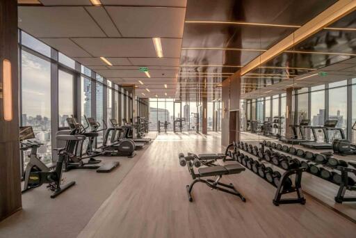 Spacious modern gym with city view