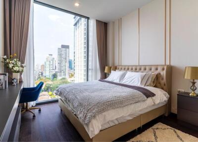 Modern bedroom with large window and city view