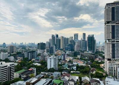 Aerial view of city buildings and cloudy sky