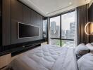 Modern bedroom with a city view