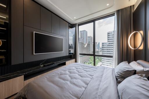 Modern bedroom with a city view