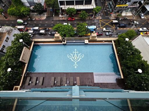 Aerial view of a rooftop swimming pool