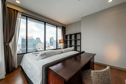 Modern bedroom with large window and city view