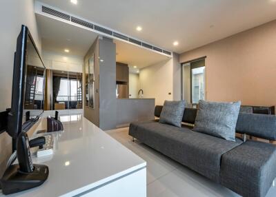 Modern living room with grey couches and a mounted TV