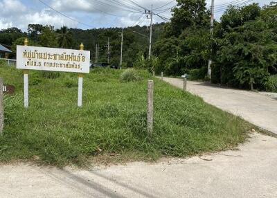 Outdoor area with grassy patch, sign, and power lines