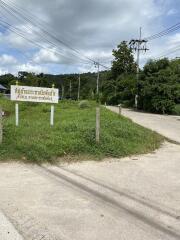 Outdoor area with grassy patch, sign, and power lines