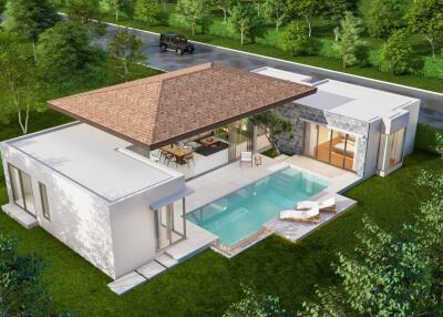 Aerial view of modern house with pool and outdoor seating in lush environment