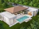 Aerial view of modern house with pool and outdoor seating in lush environment