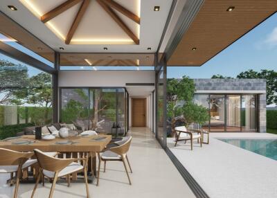 Stylish outdoor living area with dining set and pool