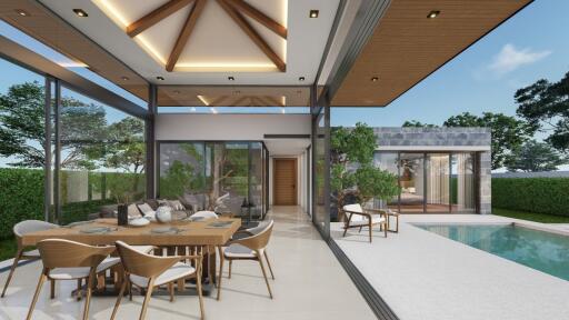 Stylish outdoor living area with dining set and pool