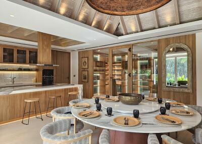 Modern dining area with circular table and open shelving