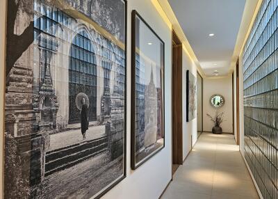 Modern hallway with framed art and decorative features