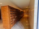 Hallway with multiple wooden mailboxes