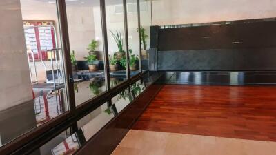 Lobby area with wood and tile flooring, glass walls, and potted plants