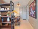 Modern dining area with wall art and shelving